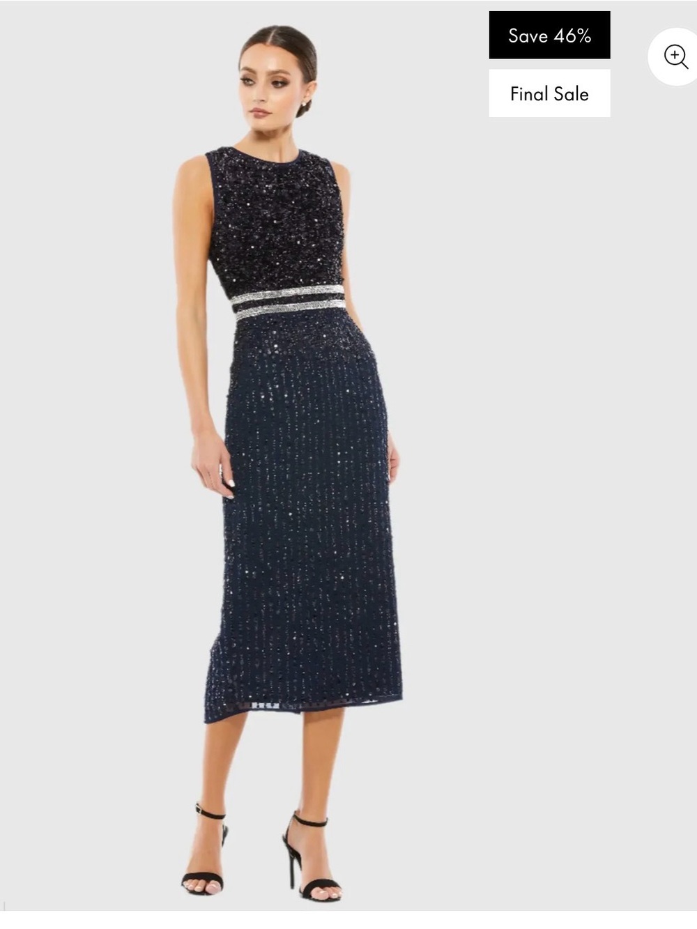 Mac Duggal Navy Sequin Midi Dress with Silver Waistband